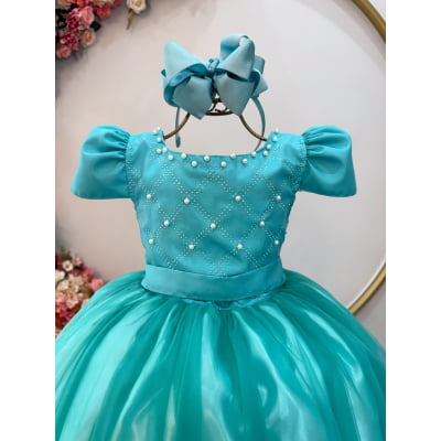 Vestido Infantil Longo Verde Com Pérolas e Strass Daminhas