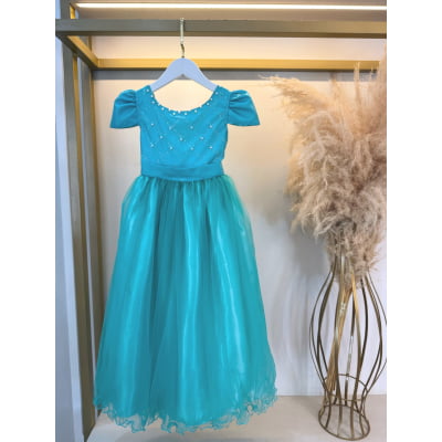 Vestido Infantil Longo Verde Com Pérolas e Strass Daminhas