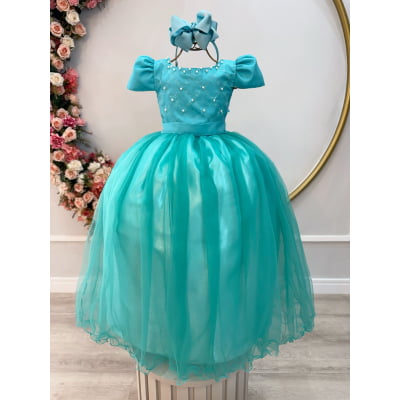 Vestido Infantil Longo Verde Com Pérolas e Strass Daminhas