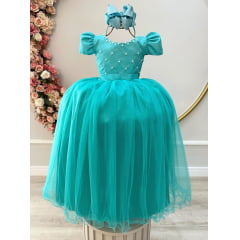 Vestido Infantil Longo Verde Com Strass e Pérolas Daminhas