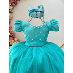 Vestido Infantil Longo Verde Com Strass e Pérolas Daminhas