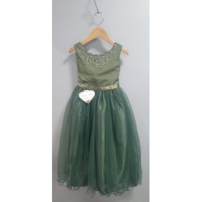 Vestido Infantil Longo Verde Oliva Damas de Honra Pérolas Luxo