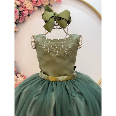 Vestido Infantil Longo Verde Oliva Damas de Honra Pérolas Luxo