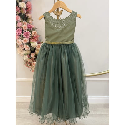 Vestido Infantil Longo Verde Oliva Damas de Honra Pérolas Luxo