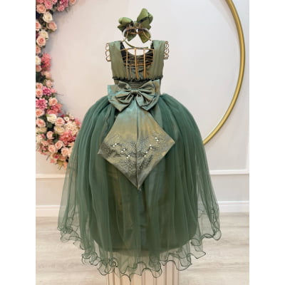 Vestido Infantil Longo Verde Oliva Damas de Honra Pérolas Luxo
