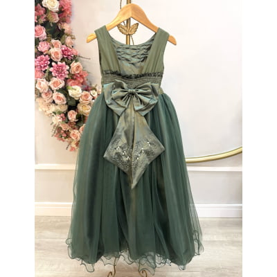 Vestido Infantil Longo Verde Oliva Damas de Honra Pérolas Luxo
