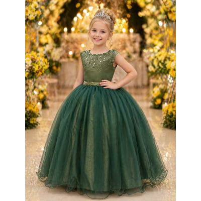 Vestido Infantil Longo Verde Oliva Damas de Honra Pérolas Luxo