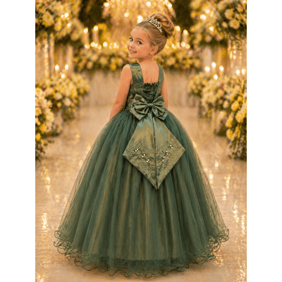 Vestido Infantil Longo Verde Oliva Damas de Honra Pérolas Luxo