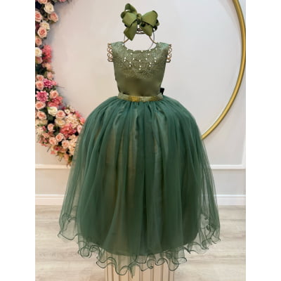 Vestido Infantil Longo Verde Oliva Damas de Honra Pérolas Luxo