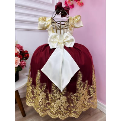 Vestido Infantil Marfim C/ Marsala e Pérolas Renda Realeza