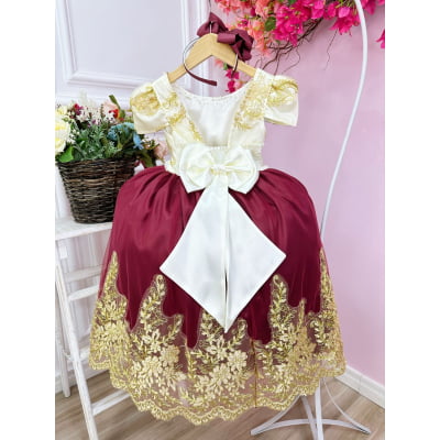 Vestido Infantil Marfim C/ Marsala e Pérolas Renda Realeza