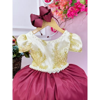 Vestido Infantil Marfim C/ Marsala e Pérolas Renda Realeza