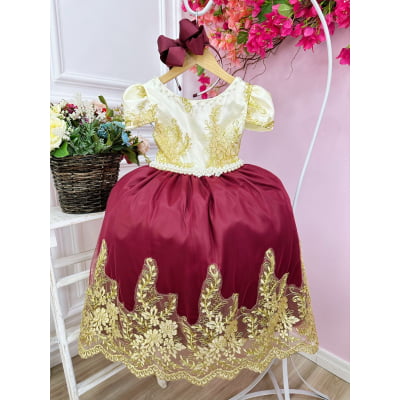 Vestido Infantil Marfim C/ Marsala e Pérolas Renda Realeza