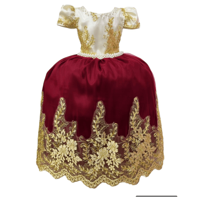 Vestido Infantil Marfim C/ Marsala e Pérolas Renda Realeza
