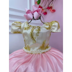 Vestido Infantil Marfim C/ Rosa Cinto Pérolas Renda Realeza