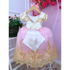 Vestido Infantil Marfim C/ Rosa Cinto Pérolas Renda Realeza