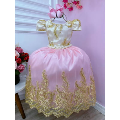 Vestido Infantil Marfim C/ Rosa Cinto Pérolas Renda Realeza