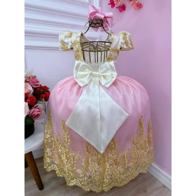 Vestido Infantil Marfim C/ Rosa Cinto Pérolas Renda Realeza