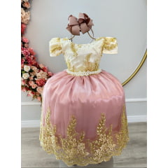 Vestido Infantil Marfim C/ Rose Pérolas Renda Realeza