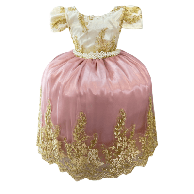 Vestido Infantil Marfim C/ Rose Pérolas Renda Realeza