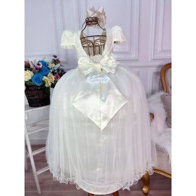 Vestido Infantil Marfim C/ Tule e Renda Longo Dama Luxo