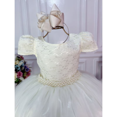 Vestido Infantil Marfim C/ Tule e Renda Longo Dama Luxo