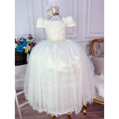 Vestido Infantil Marfim C/ Tule e Renda Longo Dama Luxo