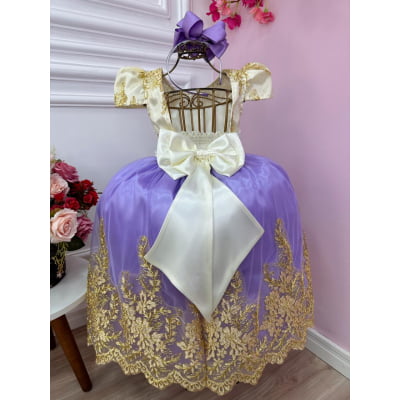 Vestido Infantil Marfim Com Lilás e Renda Realeza