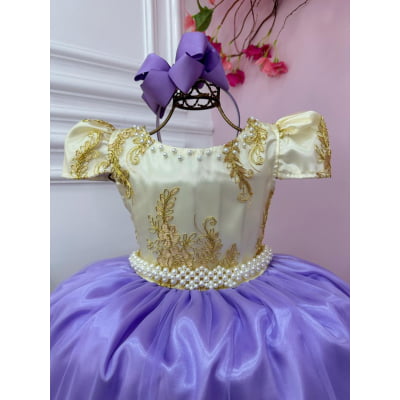 Vestido Infantil Marfim Com Lilás e Renda Realeza