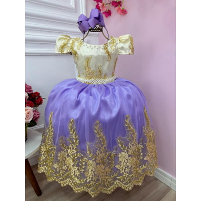 Vestido Infantil Marfim Com Lilás e Renda Realeza