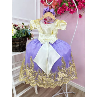 Vestido Infantil Marfim Com Lilás e Renda Realeza