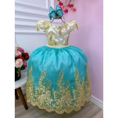 Vestido Infantil Marfim Com Verde e Renda Realeza