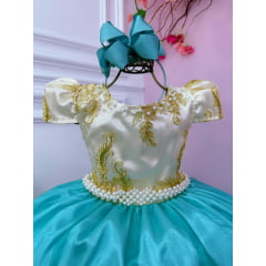 Vestido Infantil Marfim Com Verde e Renda Realeza