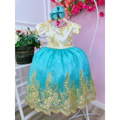 Vestido Infantil Marfim Com Verde e Renda Realeza