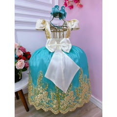 Vestido Infantil Marfim Com Verde e Renda Realeza