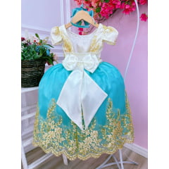 Vestido Infantil Marfim Com Verde e Renda Realeza