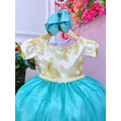 Vestido Infantil Marfim Com Verde e Renda Realeza