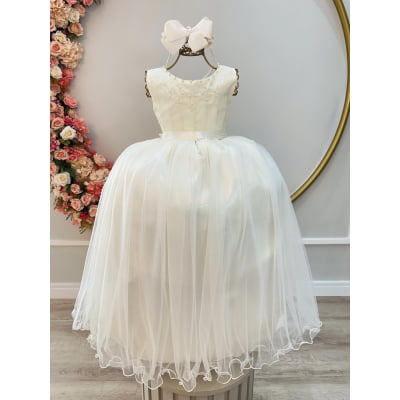 Vestido Infantil Marfim Damas de Honra Longo Com Pérolas
