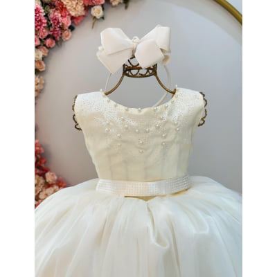 Vestido Infantil Marfim Damas de Honra Longo Com Pérolas