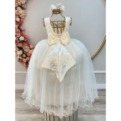 Vestido Infantil Marfim Damas de Honra Longo Com Pérolas
