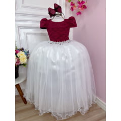 Vestido Infantil Marsala C/ Renda Saia Branca Damas Longo