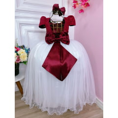 Vestido Infantil Marsala C/ Renda Saia Branca Damas Longo