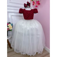 Vestido Infantil Marsala C/ Renda Saia Off White Damas Longo