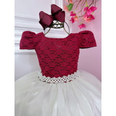 Vestido Infantil Marsala C/ Renda Saia Off White Damas Longo