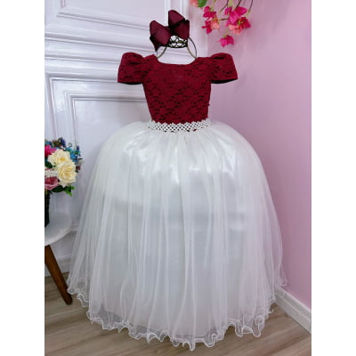 Vestido Infantil Marsala C/ Renda Saia Off White Damas Longo