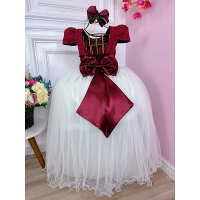 Vestido Infantil Marsala C/ Renda Saia Off White Damas Longo