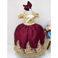 Vestido Infantil Marsala Marfim Luxo com Pérolas Rendado