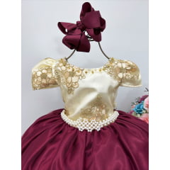 Vestido Infantil Marsala Marfim Luxo com Pérolas Rendado