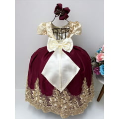 Vestido Infantil Marsala Marfim Luxo com Pérolas Rendado