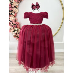 Vestido Infantil Marsala Renda Realeza e Pérolas Festa Damas